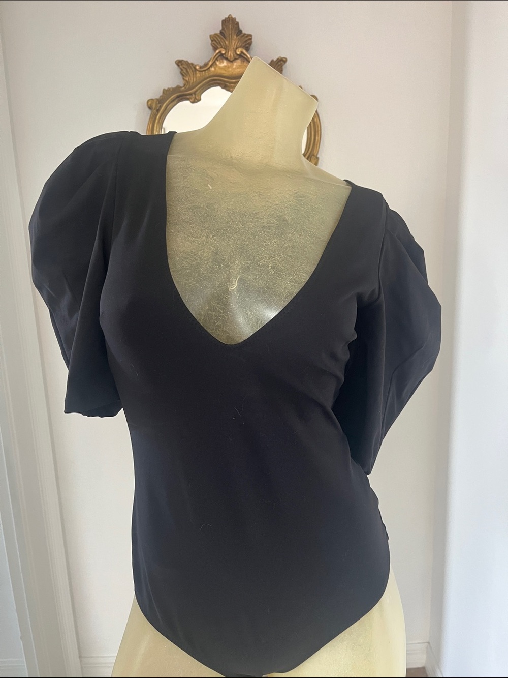 Intimately Free People Black V-Neck Puff Sleeve Bodysuit